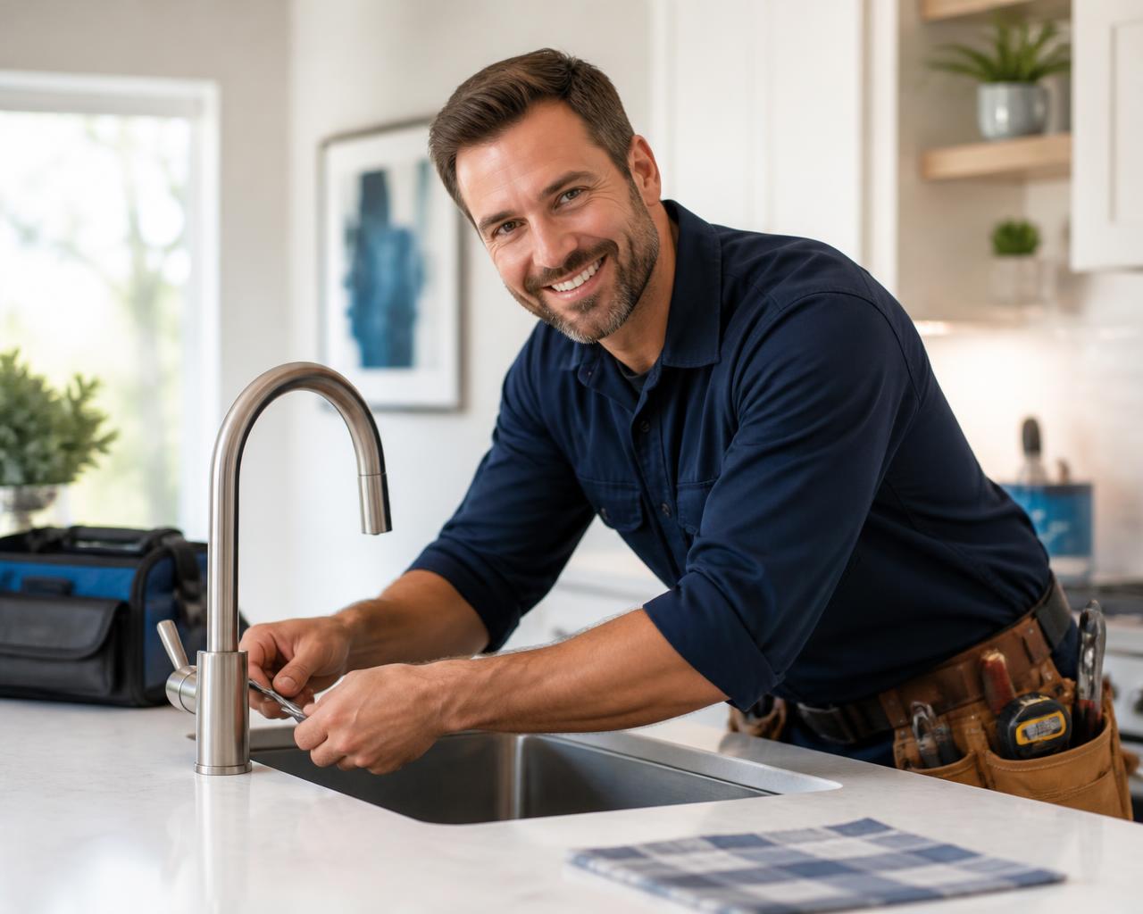 Handyman repairing a kitchen sink faucet